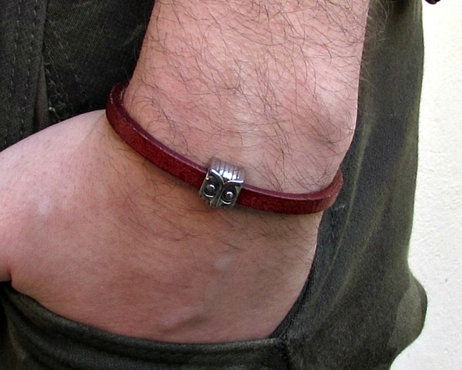 Mens owl Bracelet, Leather Bracelet For Men, Leather Mens Bracelet, Boyfriend Gift, Silver Plated Customized On Your Wrist Fathers day gift